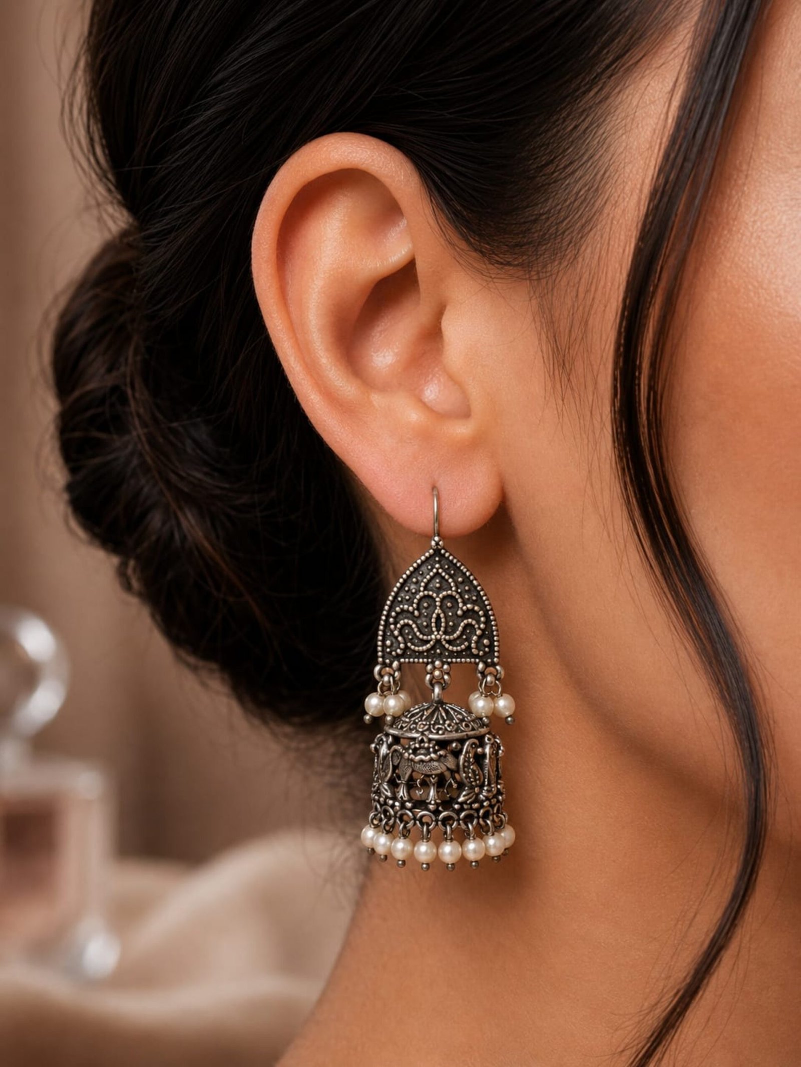 EROS - Oxidised Pearl Chandbali Earrings