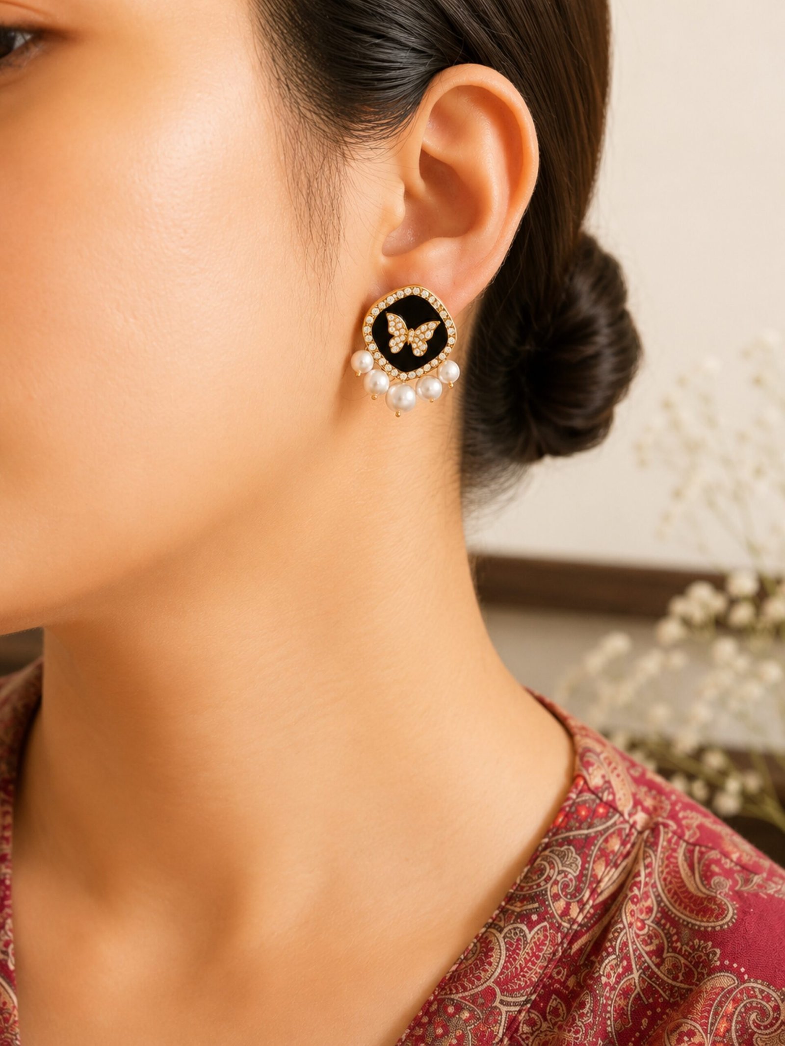 EROS - Golden Butterfly Pearl Stud Earrings
