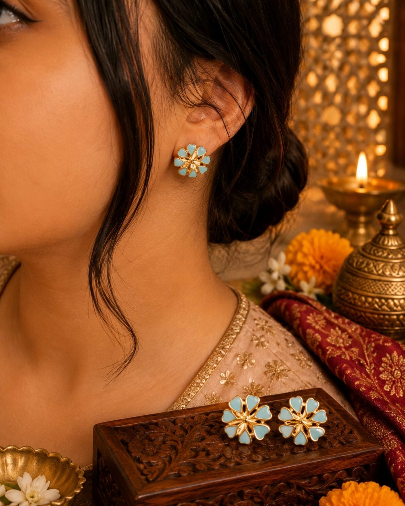 EROS - Golden Turquoise Floral Stud Earrings