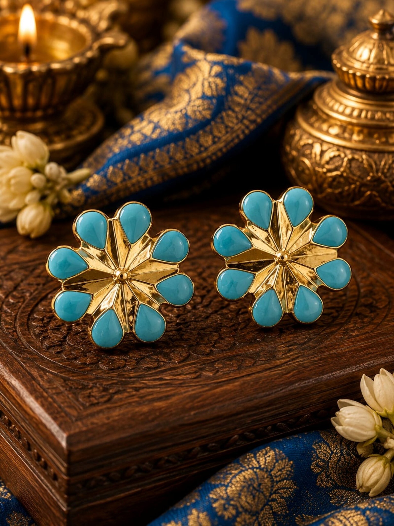 EROS - Golden Turquoise Floral Stud Earrings