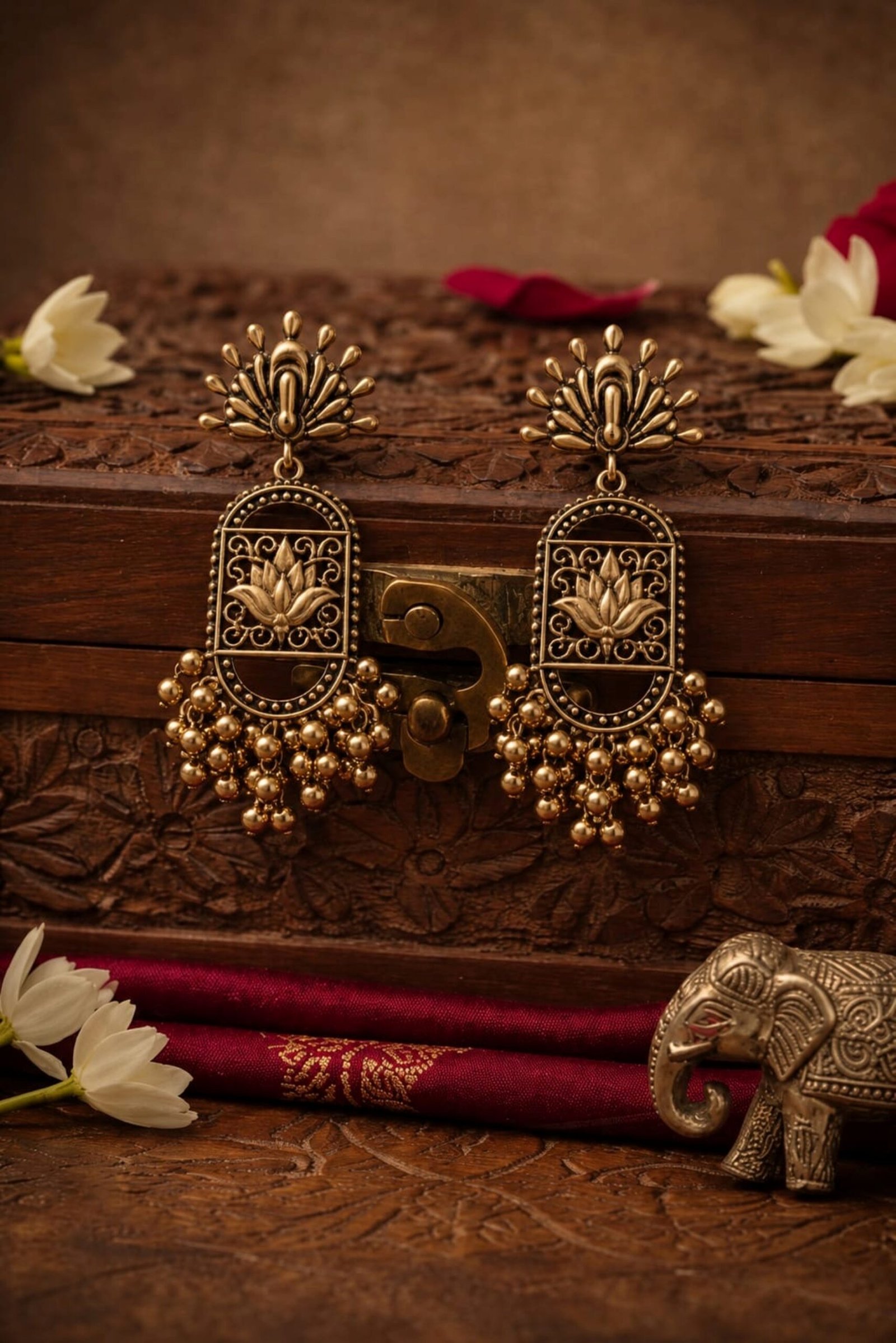 EROS - Golden Oxidised Floral Tassel Earrings