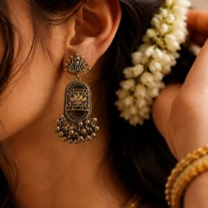 EROS – Golden Oxidised Floral Tassel Earrings