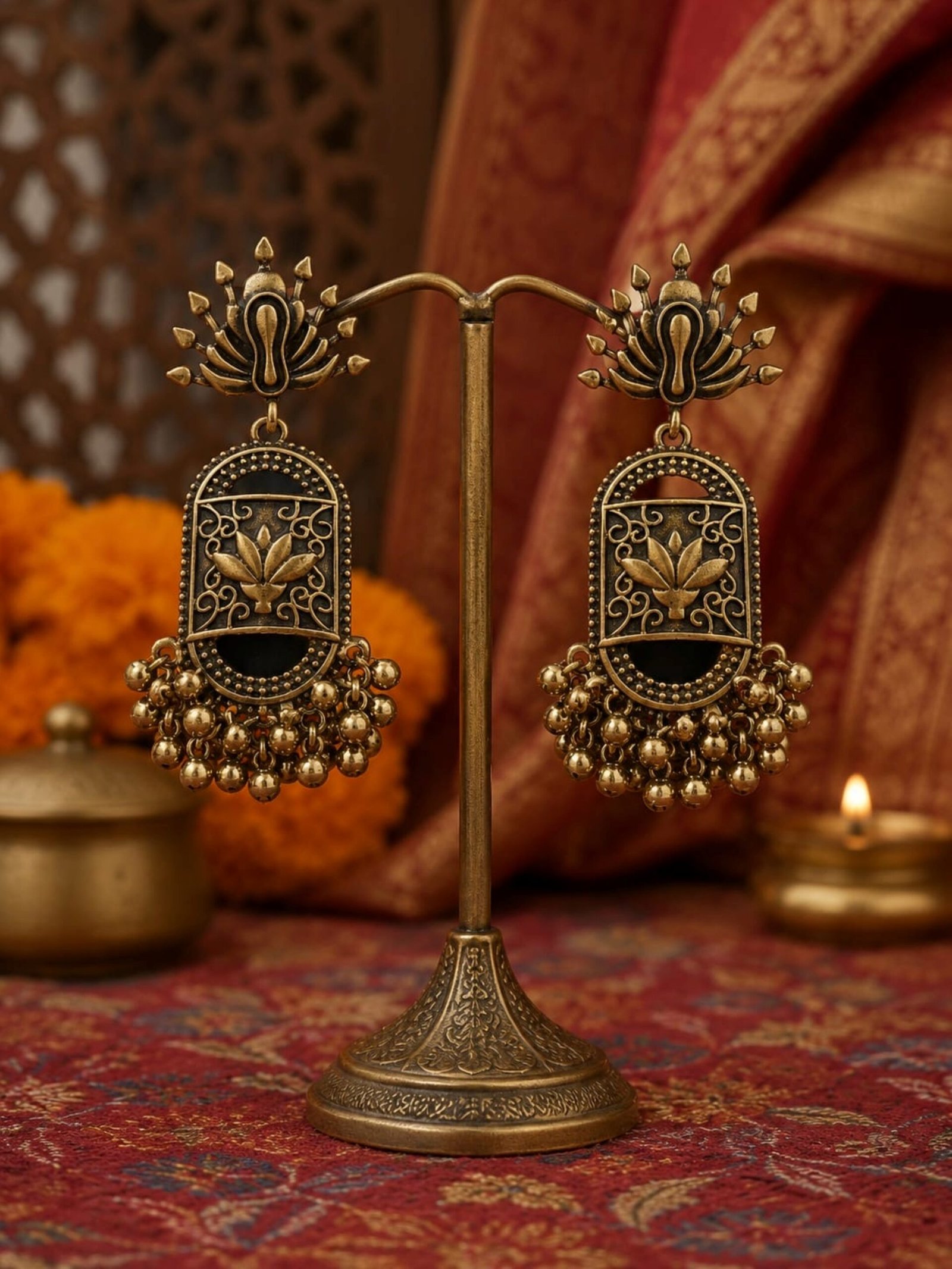 EROS - Golden Oxidised Floral Tassel Earrings