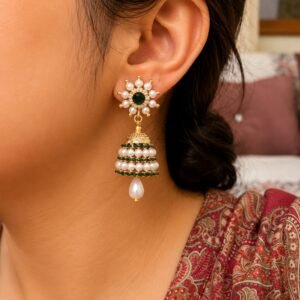 EROS – Green Pearl Floral Jhumka Earrings
