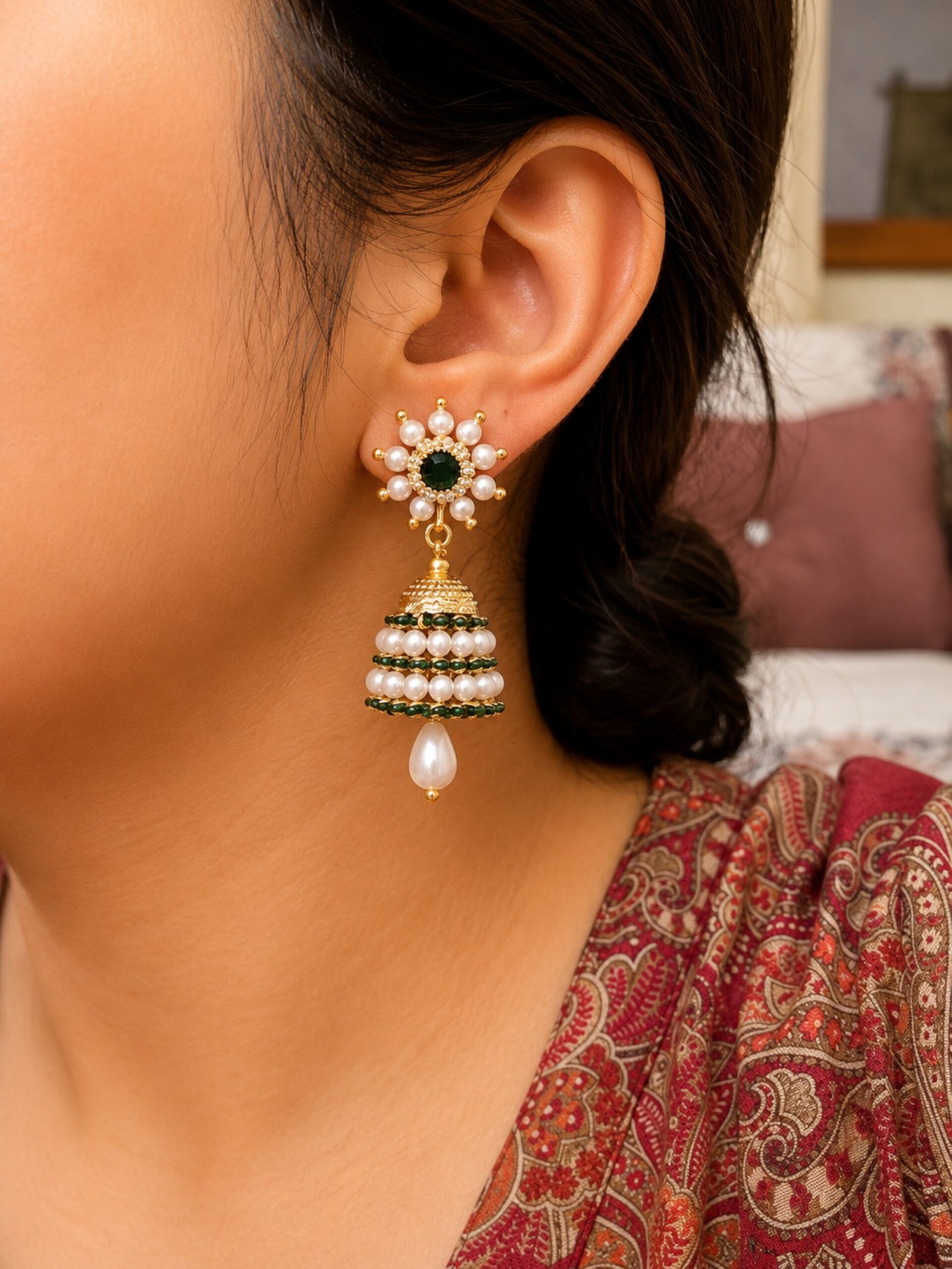EROS - Green Pearl Floral Jhumka Earrings