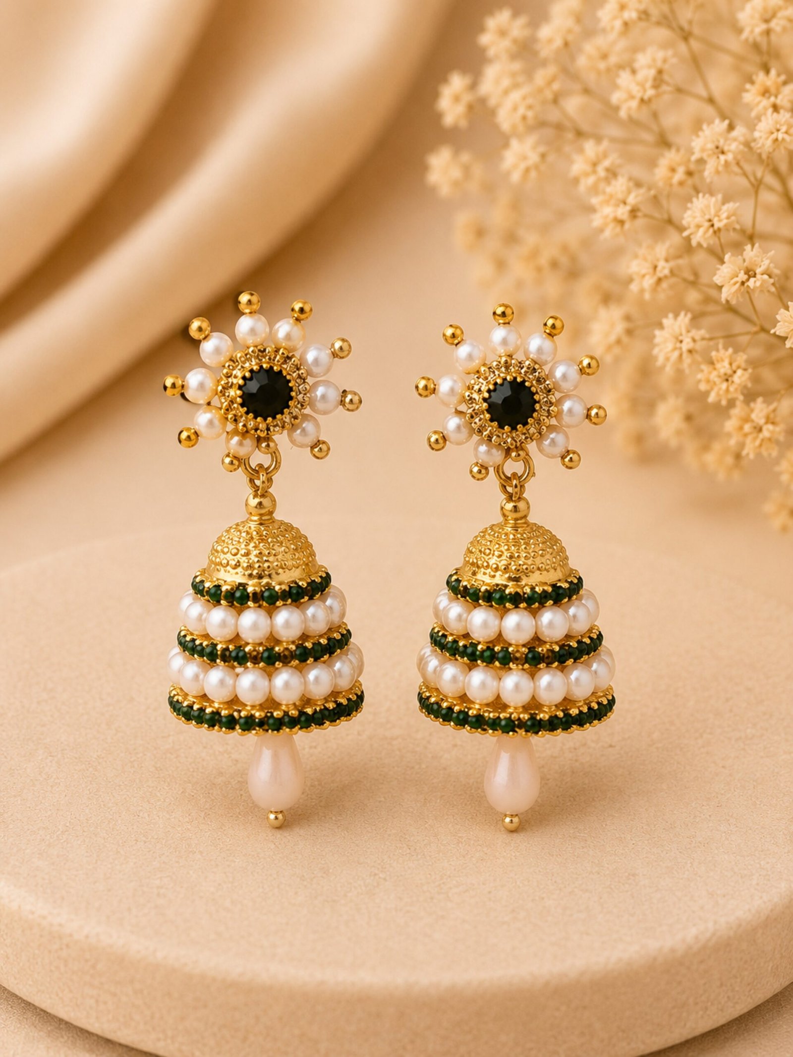 EROS - Green Pearl Floral Jhumka Earrings