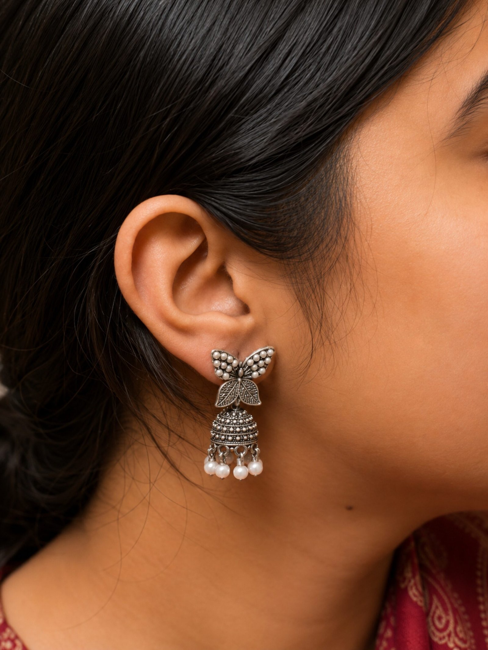 EROS - Oxidised Butterfly Pearl Jhumka Earrings