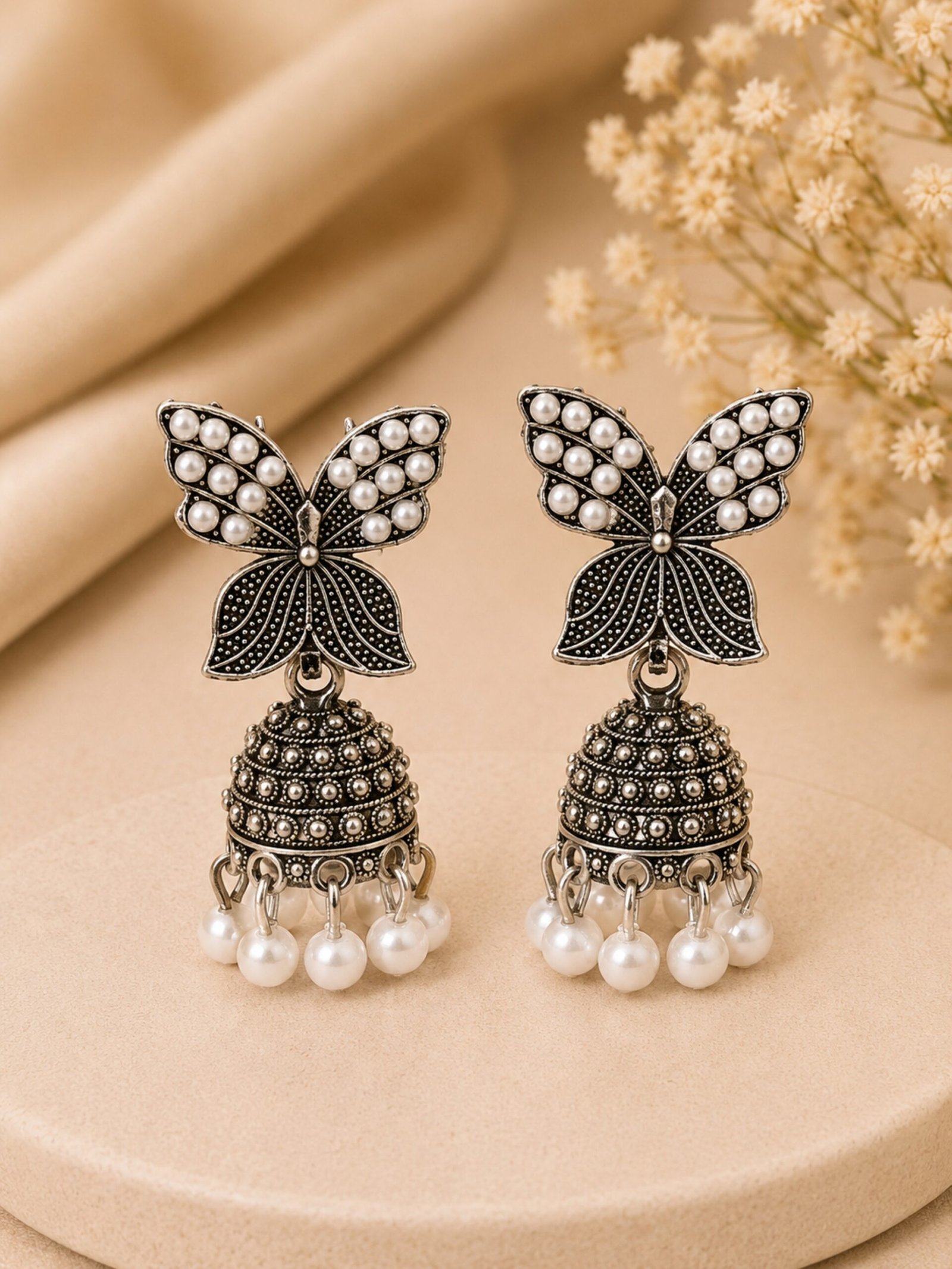 EROS - Oxidised Butterfly Pearl Jhumka Earrings