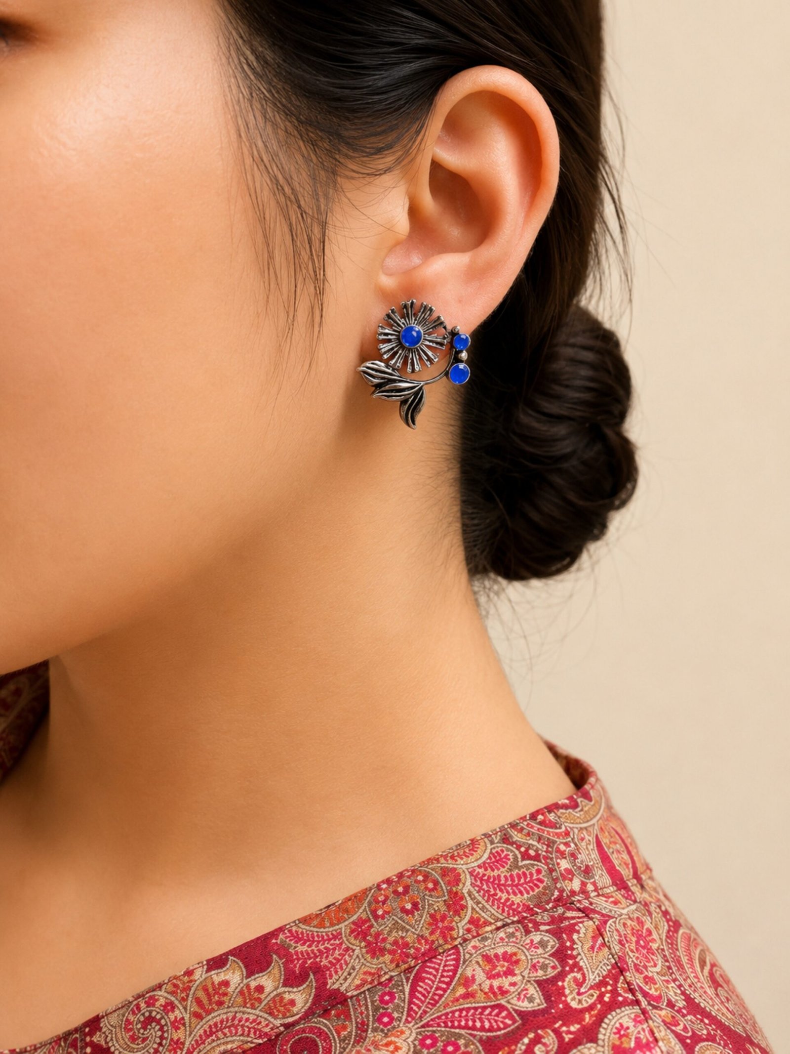 EROS - Oxidised Blue Floral Stud Earrings