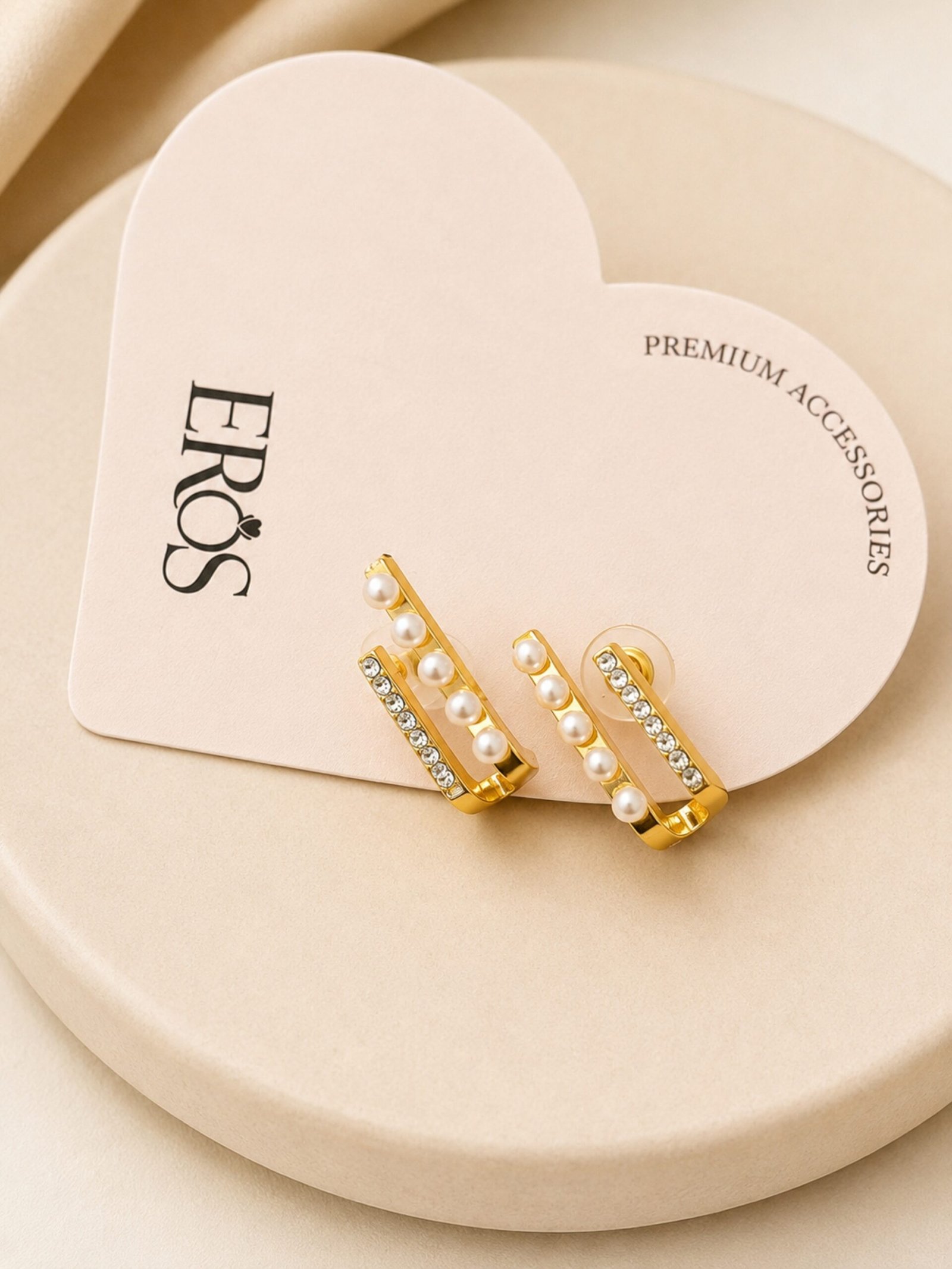EROS - Golden Pearl & Crystal Bar Stud Earrings